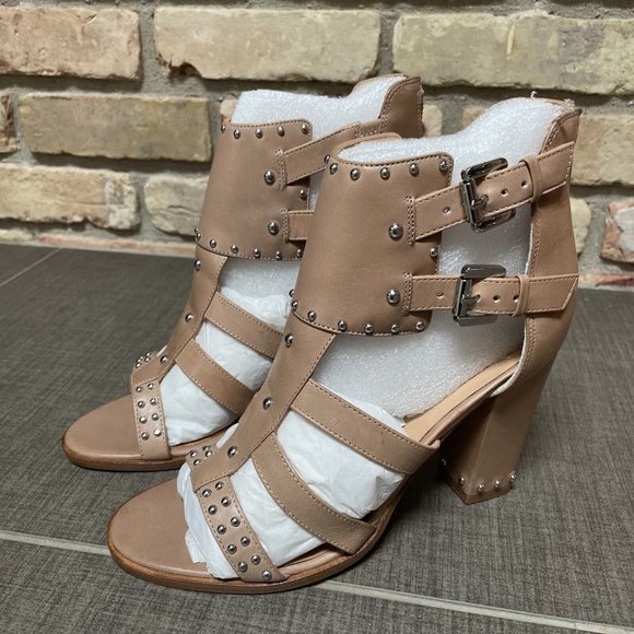 belle by sigerson morrison High Heel Tan Studded Leather Cage Sandals Nib 8 - Picture 1 of 15